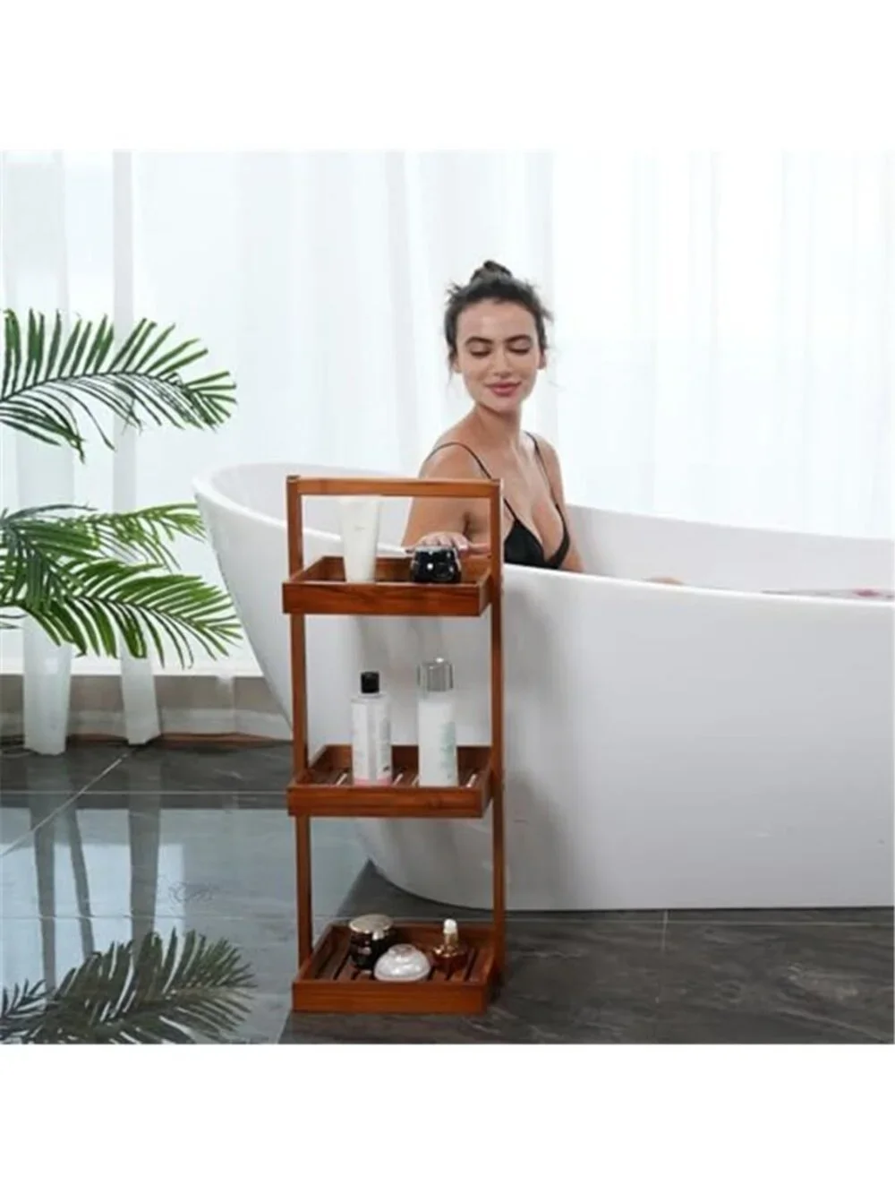 Teak Wood Corner Shower Caddy 3 Tier Standing Bathroom Shelf Organizer Rack